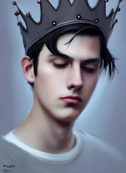 Image similar to portrait of teenage jughead jones wearing a light grey crown, photorealistic, crown, eyes closed, crown, black hair, intricate, elegant, glowing lights, highly detailed, digital painting, artstation, concept art, smooth, sharp focus, illustration, art by wlop, mars ravelo and greg rutkowski