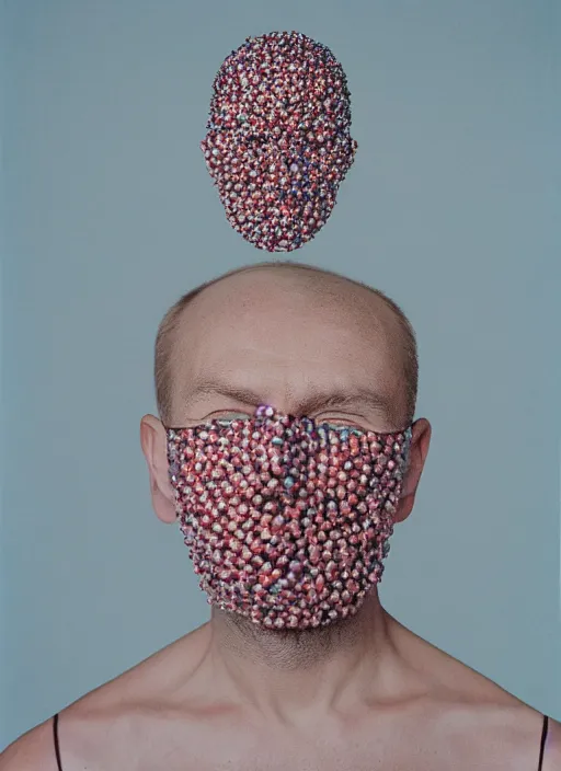 Prompt: a fashion portrait photograph of a man wearing a mask made of small spheres designed by balenciaga, 3 5 mm, pastel, color film camera,