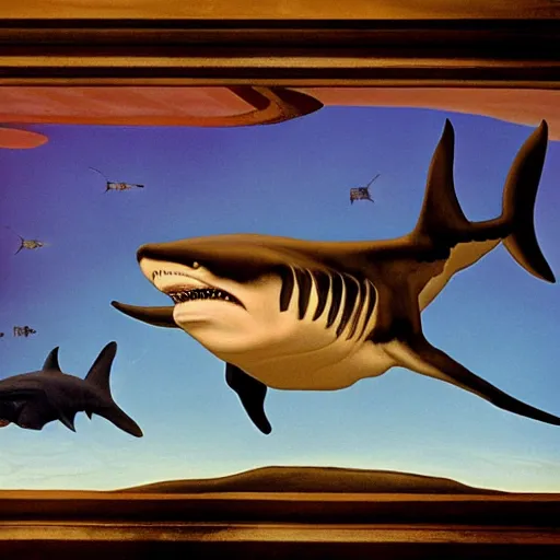 Image similar to sharks instead of tigers in the persistence of memory of salvador dali