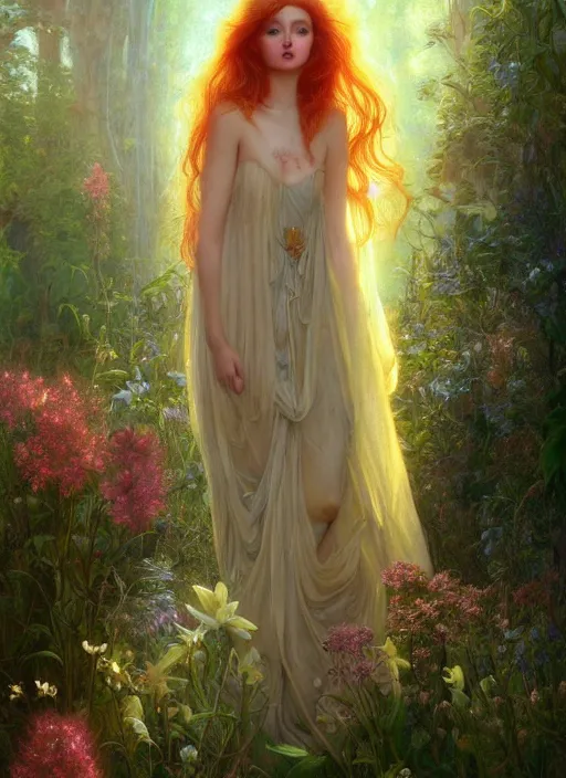 Prompt: hyper realist matte digital painting of a beautifyl fairy, resembling lily cole, in a sunlit clearing, flowers, fairytale, fantasy art, photo realistic, dynamic lighting, artstation, volumetric lighting, by mucha, by charlie bowater, by karol bak, by alma tadema