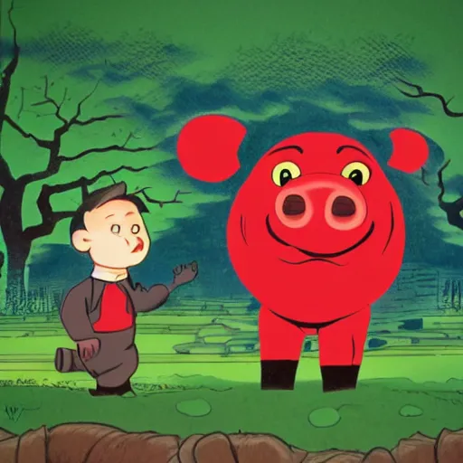 Image similar to a shadow man with a red glowy eyes fighting a big piglet the background is a japanese forest