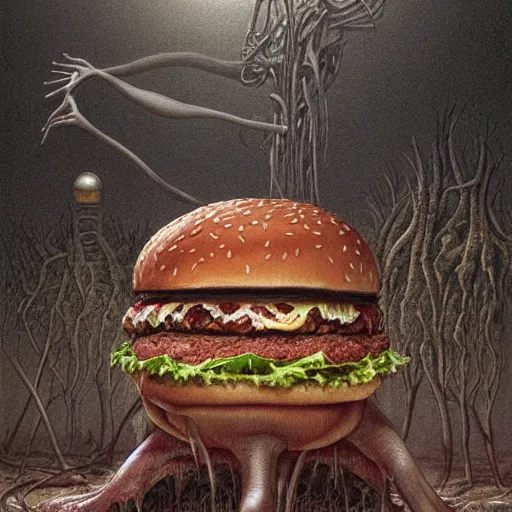 Prompt: a hyperrealistic painting of a burger filled with alien plants and disturbing meat, by john kenn mortensen and zdzislaw beksinski, highly detailed, vivid color,