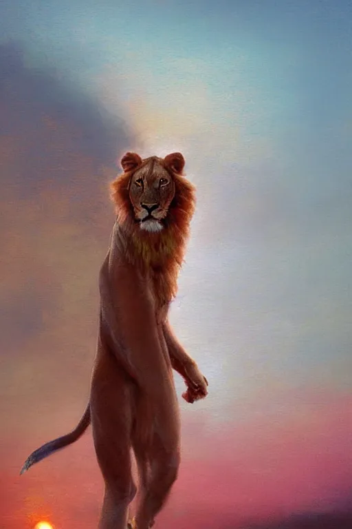 Image similar to spiritual twin flame lioness walking around art, pink sunset hue, highly detailed, oil painting hue, by craig mullins