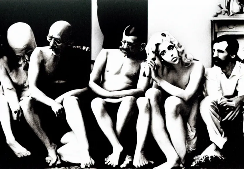 Image similar to Gandhi , Obama, Jesus, And Lady GaGa smoking a fat blunt on a sofa , photograph credit: AP, by Andy Warhol, photograph, by Beeple