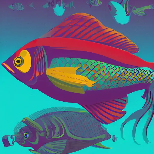 Image similar to profile of one stylized fish in center of view, photo studio, artstation, intricate, realistic, highly detailed, digital painting, concept art, sharp focus, illustration by tom whalen and charles williams and kilian eng and james jean