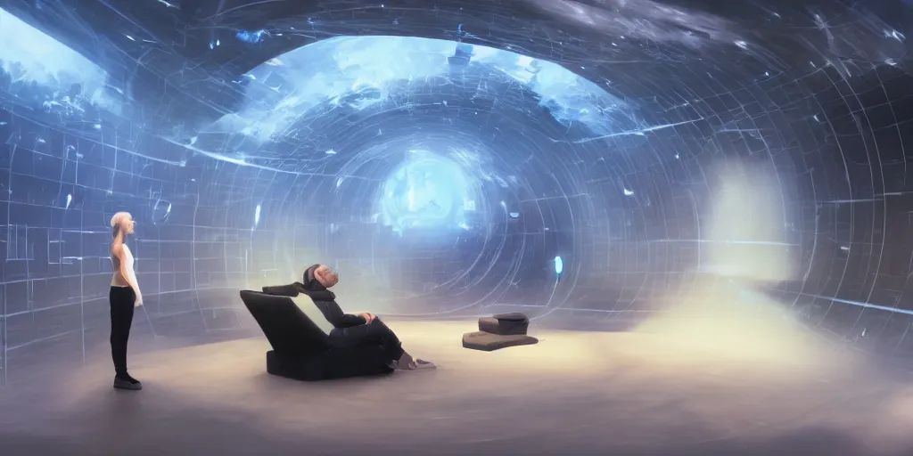 Image similar to a person in a holodeck, incredible concept art, meditating, zen atmosphere, eeg nodes on scalp, photography, photorealistic, studio lighting, many screens,