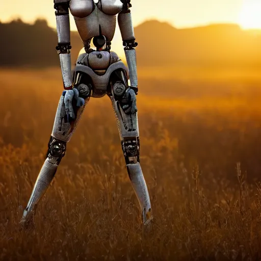 Prompt: beautiful Fine art photography of a solarpunk part robot part human girl with real human face and real torso, white background, highly detailed, medium shot, photorealism, sunset lighting 8k