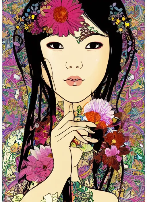 Image similar to !!! very coherent!!! vector art, beautiful floralpunk thai cyborg portrait girl female illustration detailed patterns art of thai traditional dress, flower pop art, floral splash painting, art by ashley wood, alphonse mucha, makoto shinkai, geof darrow, dark shadow