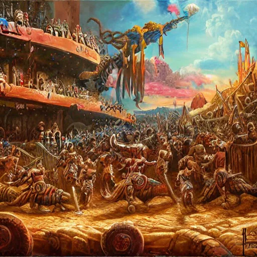 Prompt: arena gladiator battle to cheering crowd on ancient post - apocalyptic planet, jim henson creature shop, vivid and colorful, thomas kincaid, cinematic, oil painting, highly detailed, illustration