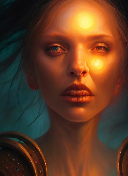 Image similar to closeup realistic portrait of a female necromancer, backlit, oil painting, concept art, filip hodas, john howe, mike winkelmann, jessica rossier, andreas rocha, bruce pennington, albert bierstadt, peter mohrbacher, donato giancola, joseph christian leyendecker, wlop, boris vallejo