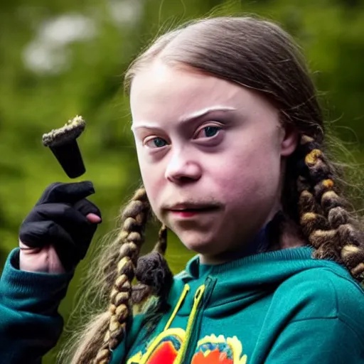 Prompt: Greta Thunberg smoking weed in rasta clothing