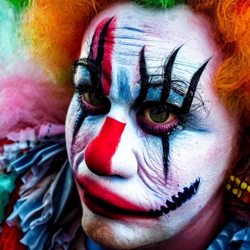 Image similar to An extreme close up photograph of a clown's painted face