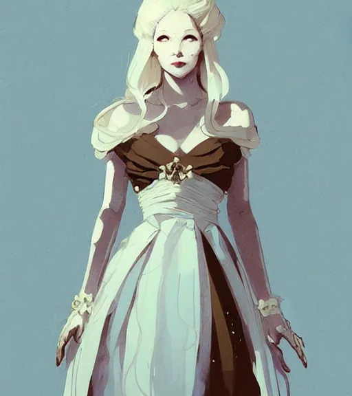 Image similar to portrait of a baroque dress design from fantasy world for dragon queen by atey ghailan, by greg rutkowski, by greg tocchini, by james gilleard, by joe fenton, by kaethe butcher, dynamic lighting, gradient light blue, brown, blonde cream and white color scheme, grunge aesthetic