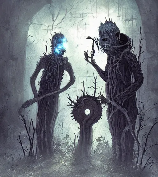 Image similar to gothic decaying pyromancers, digital painting, liminal eerie midnight backlit, a picture taken by Daniel Dos Santos and Michael Komarck