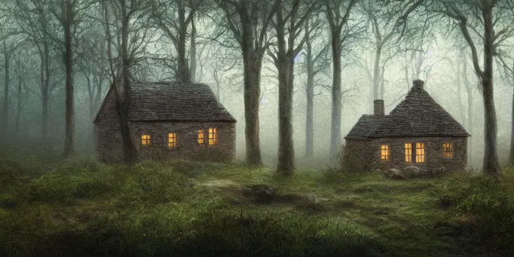 Image similar to a painting of lone cottage in the woods and empty woods, 8k, fantasy, hyper realistic, atmospheric, cinematic