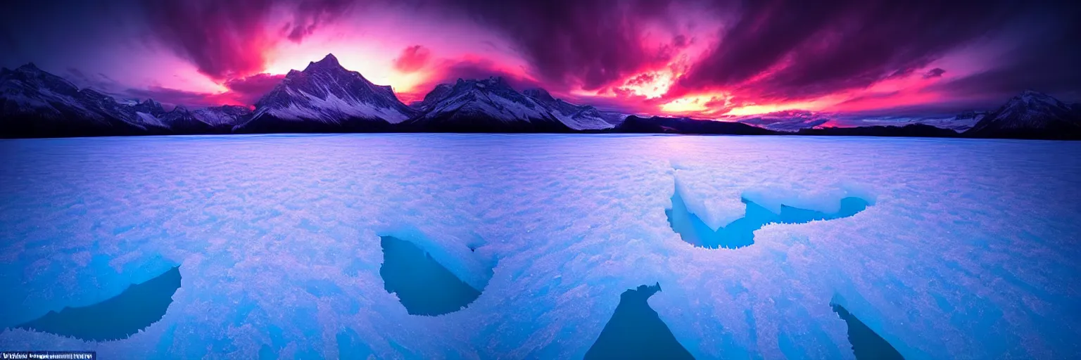 Image similar to amazing landscape photo of A (gigantic) monster trapped under the ice transparent frozen lake at sunset by marc adamus beautiful dramatic lighting