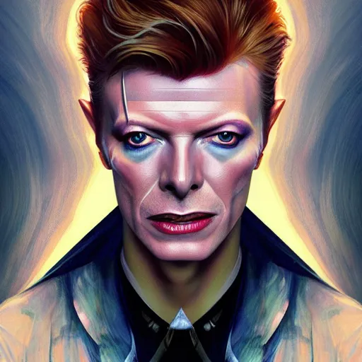 Image similar to Portrait of David Bowie, intricate, wild, highly detailed, digital painting, artstation, concept art, smooth, sharp focus, illustration, art by artgerm and greg rutkowski and alphonse mucha and Hajime Sorayama