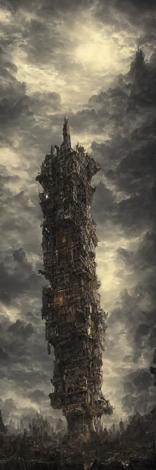 Image similar to epic tower reaching into the sky, warrior silhuette in front, extremely detailed, photo realistic, award winning, matte painting, art station, cg society, award winning, 4 k