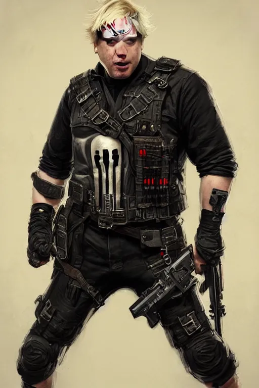 Image similar to Boris Johnson as Punisher, realitic portrait, skull image on the vest, highly detailed, digital painting, artstation, concept art, smooth lines, sharp focus, illustration, cinematic lighting, art by artgerm and greg rutkowski and alphonse mucha