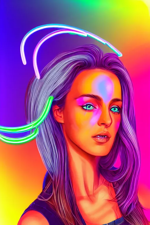 Image similar to a award winning half body portrait of a beautiful woman with stunning eyes in a croptop and cargo pants with rainbow colored ombre hairstyle head in motion and hair flying by thomas danthony, outlined by whirling illuminated neon lines, outrun, vaporware, shaded flat illustration, digital art, trending on artstation, highly detailed, fine detail, intricate