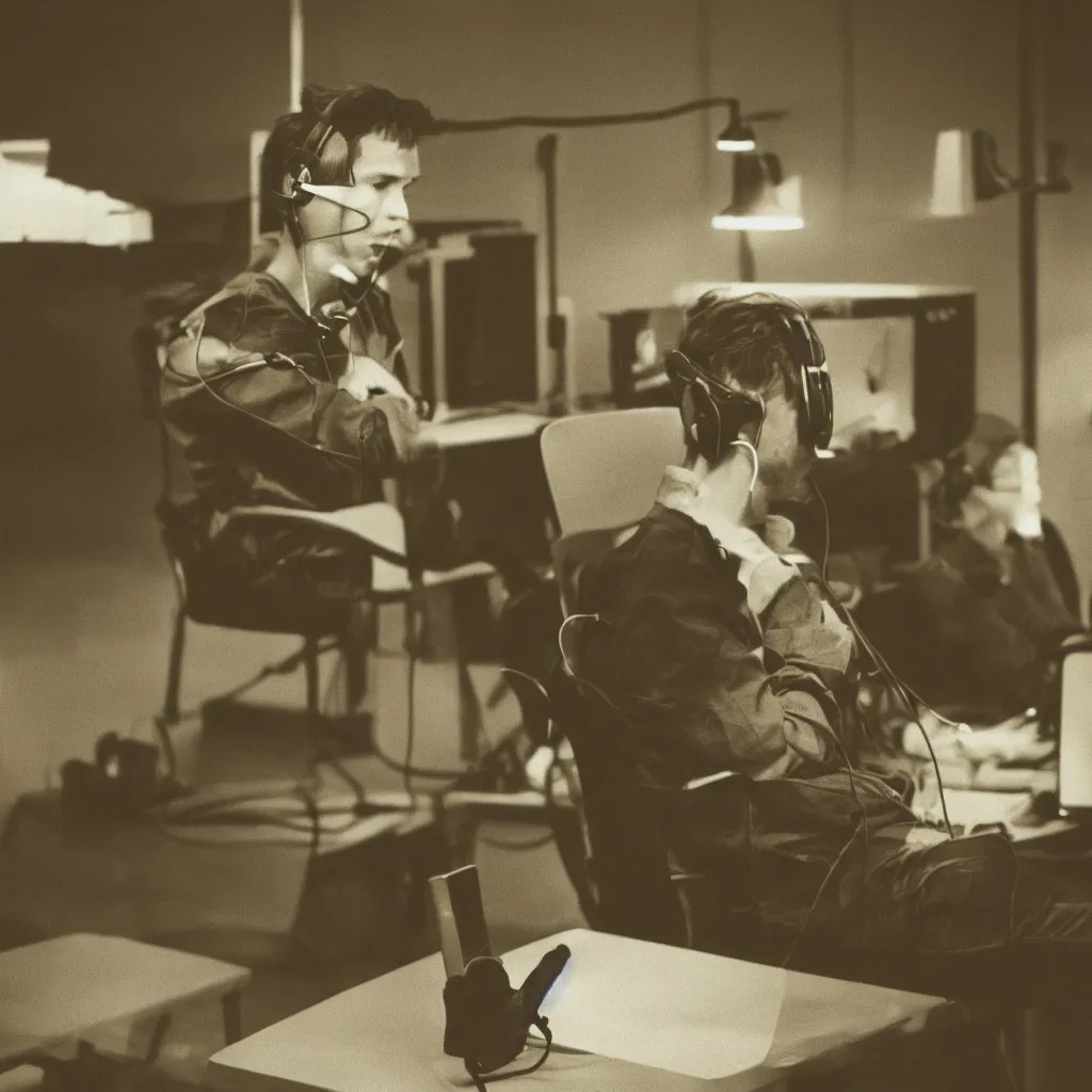 Prompt: a young man sitting on a chair wearing a headset connected to a supercomputer, in a dimly lit room, highly detailed, 8 k, film grain, photojournalism, sepia