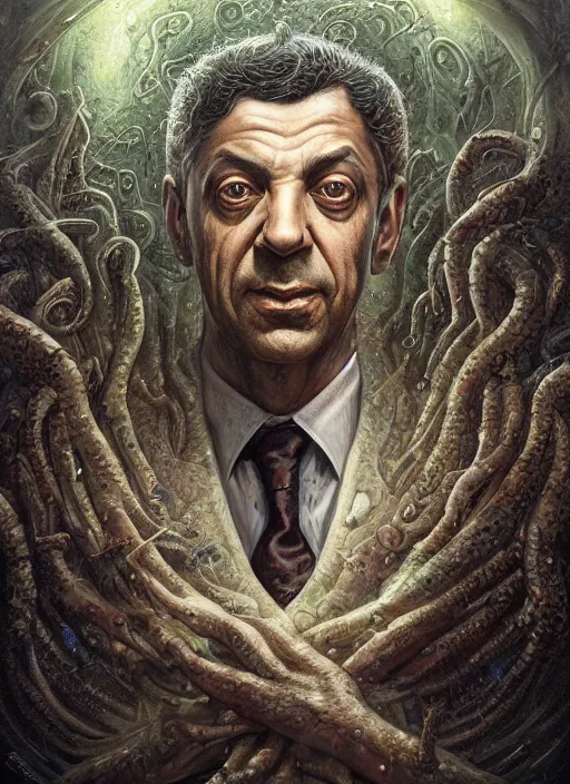 Image similar to lovecraft biopunk portrait of rowan sebastian atkinson by tomasz alen kopera and peter mohrbacher