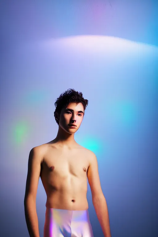 Prompt: un ultra high definition studio quality photographic art portrait of a young man standing on the rooftop of a british apartment building wearing soft baggy inflatable padded iridescent pearlescent clothing. three point light. extremely detailed. golden ratio, ray tracing, volumetric light, shallow depth of field. set dressed.