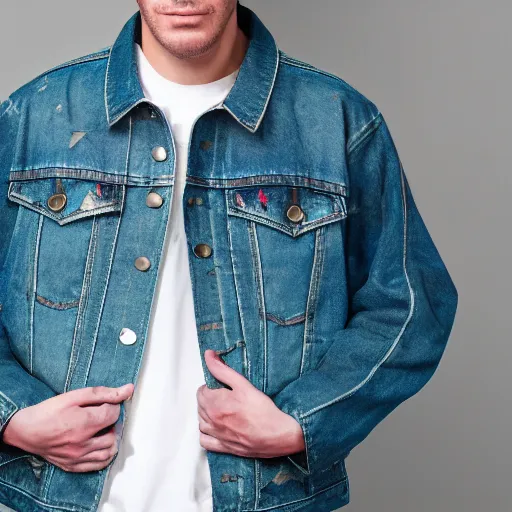 Prompt: an award - winning closeup editorial photo of a male model wearing a teal distressed baggy medieval denim menswear jacket by alexander mcqueen, 4 k, studio lighting, wide angle lens