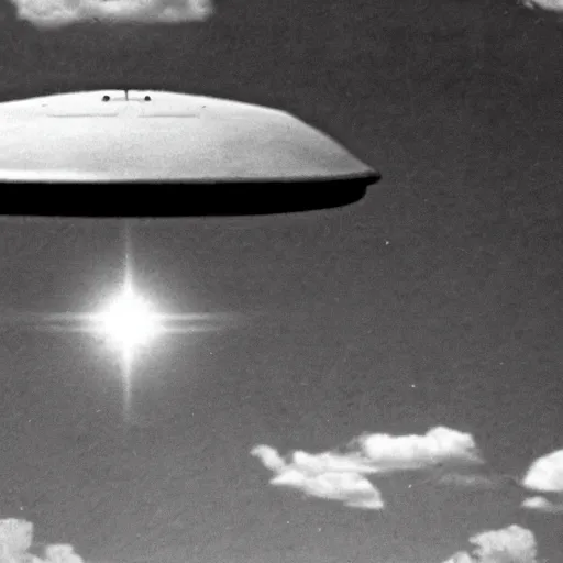 Prompt: in the style of 1 9 5 0 s, a real footage of a scary ufo in the sky, people are running away