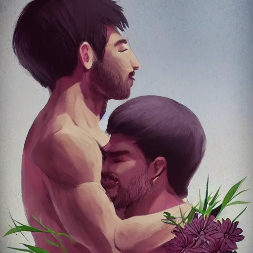 Prompt: a man hugs a balded man, flowers, butterflies, serene, divine, magical, artstation