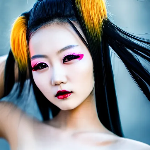 Prompt: a beautiful portrait photo of a very beautiful young Chinese female model wearing cybergothic clothing, bright coloured streaks of hair, hair tied in a cute way, cute coy smile, beautiful detailed eyes, golden hour in Beijing, outdoors, professional award winning portrait photography, Zeiss 150mm f/2.8 Hasselblad