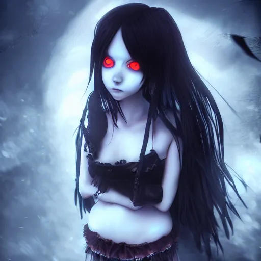 Image similar to full shot portrait of angry darkness anime girl at moonlight, gothic wearing, worrying eyes, inspired by Tim Burton, detailed, unreal engine 4k volumetric light, dense fog,
