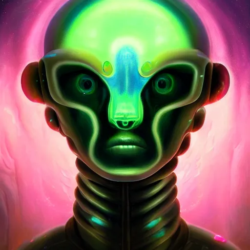Prompt: portrait of a bioluminescent alien locked in a space prison, detailed realism face in painting, detailed beautiful portrait, oil painting masterpiece, 8 k resolution, smooth, sharp focus, trending on artstation, by rembrandt