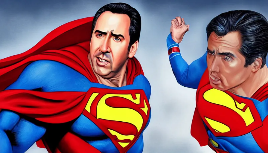 Image similar to Digital painting of Nicolas Cage as Superman, hyperdetailed, artstation, cgsociety, 8k