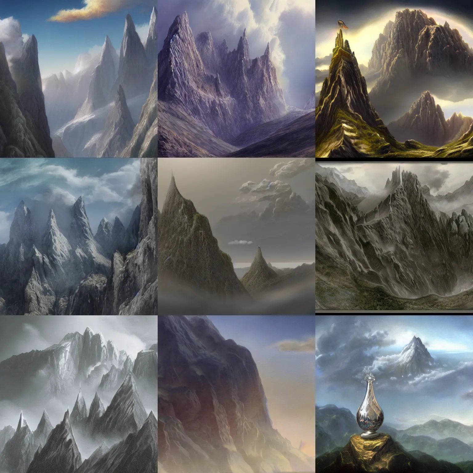 Prompt: enormous goblet reaching into the clouds, mountains at the base of goblet, matte painting