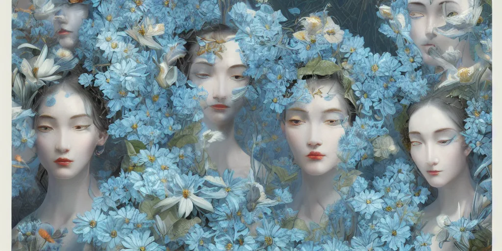 Image similar to breathtaking detailed concept art painting art deco pattern of faces goddesses amalmation light - blue flowers with anxious piercing eyes and blend of flowers and birds, by hsiao - ron cheng and john james audubon, bizarre compositions, exquisite detail, extremely moody lighting, 8 k