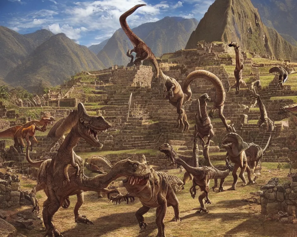 Image similar to dinosaurs walking through a mythical ancient Incan city by James Gurney and Hopper.
