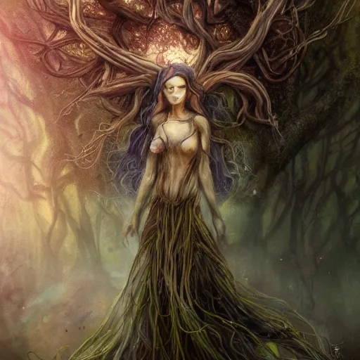 Prompt: cinematic portrait of a dryad priestess, by brian froud, inspired by dungeons and dragons, mysterious, in an evening autumn forest, trending on art station, sunset evening lighting, ominous shadows by jessica rossier