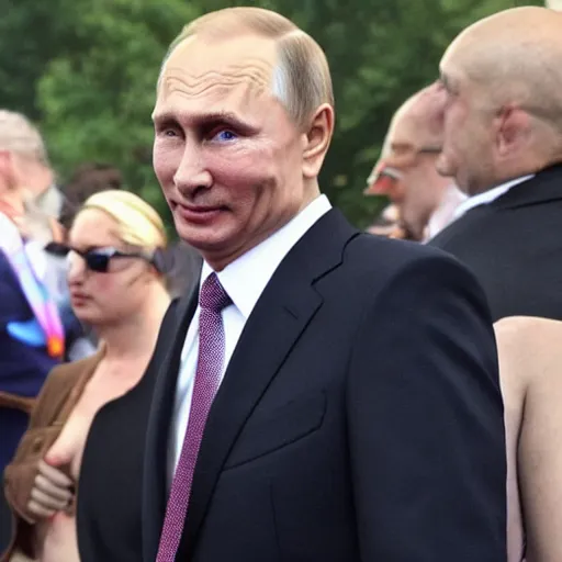 Prompt: vladimir putin attending gay pride wearing a thong