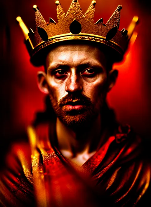 Image similar to 'Portrait of Crowned King Arthur' by Lee Jeffries royally decorated, whirling plasma, atmospheric motes, red and gold Sumptuous garb, gilt silk fabric, radiant colors, fantasy, perfect lighting, studio lit, micro details,