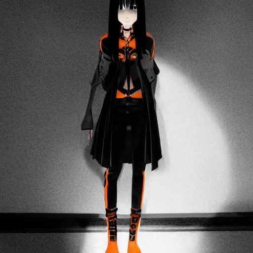 Image similar to 1 7 - year - old goth girl, black hair, long bob cut, long bangs, gothic coat, dark hallways, soft lighting, glowing keypads, orange keypads, roman pillars, strong lighting, strong shadows, vivid hues, ultra - realistic, sharp details, subsurface scattering, intricate details, hd anime, 2 0 1 9 anime