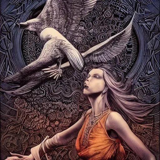 Image similar to white crow bringing rabbit leg to a occult witch by Android Jones and M. C. Escher collaboration, futurist, digital art, dramatic lighting