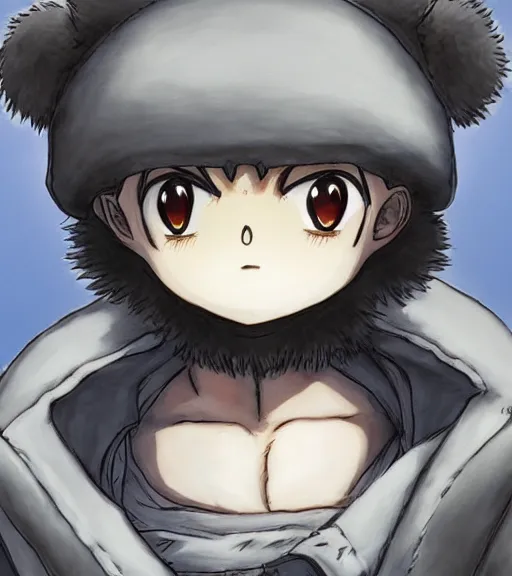 Image similar to attractive little boy wearing an cyborg bear suit, artwork in kentaro miura and made in abyss and inazuma eleven, smooth, beautiful lightness, anatomically correct, trending on pixiv, hot composition