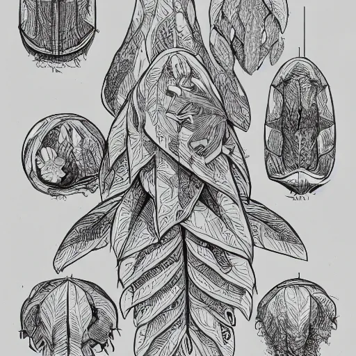 Image similar to annotated highly, detailed and intricate, sketch of a pod full of plants, marker concept art style rendering, concept art, half blueprint, trending on artstation, intricate details, center frame, annotations