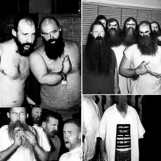 Prompt: secret photos of a cult hidden underground in brisbane. everyone must not wear pants, only shirts, all their hair is shaved off but beards are aloud. you must carry a large vegetable at all times. very creepy photos of this strange cult in the year 1 9 9 7