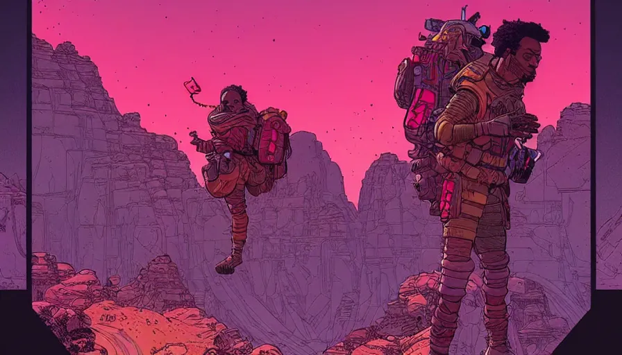 Image similar to apex legends by moebius and kilian eng, atmospheric, fine details, vivid, neon, masterpiece