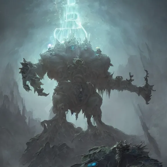 Image similar to chrysoprase golem still frame from warhammer movie, legendary magical crystal construct by esher, crystal golem fighting vast army by jakub rozalski, chrysoprase lightning elemental by peter mohrbacher