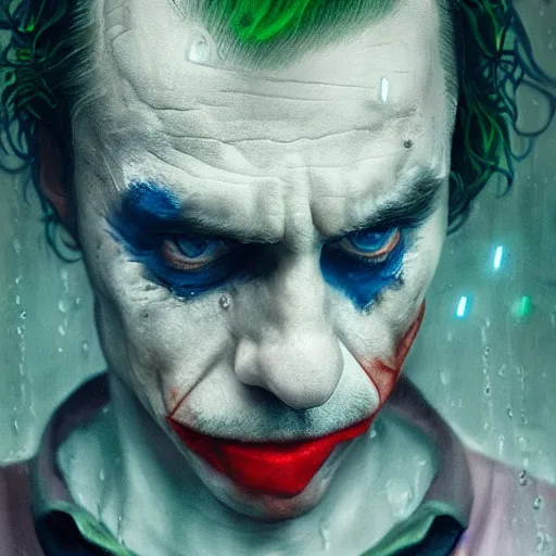 Image similar to cinematic portrait of steve from blue's clues as the joker, perfect face, neon rain, moody, elegant, by alyssa monks, highly detailed, symmetrical face, fine details, masterpiece, trending on artstation