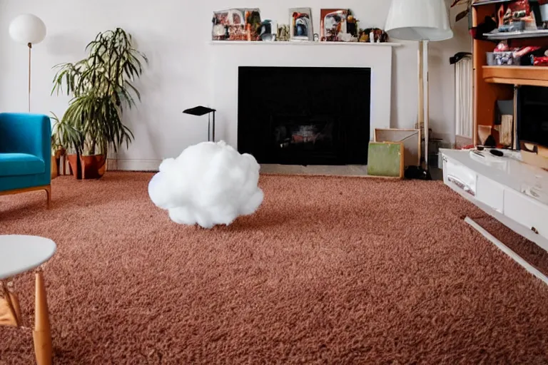 Prompt: a cloud hovering in the middle of a retro 1970s living room with shag carpet and vintage decor