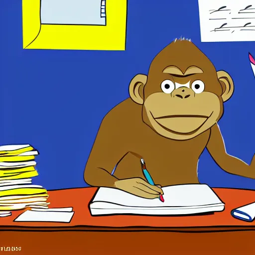 Image similar to a gorrila doing his taxes, cartoon, colorful, art